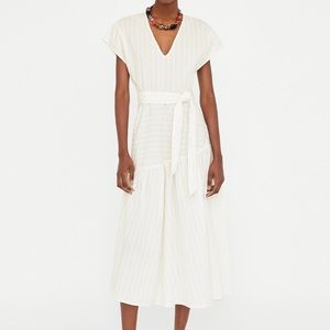 ZARA Long Striped Dress Short Sleeves V Neck Size XS NWT